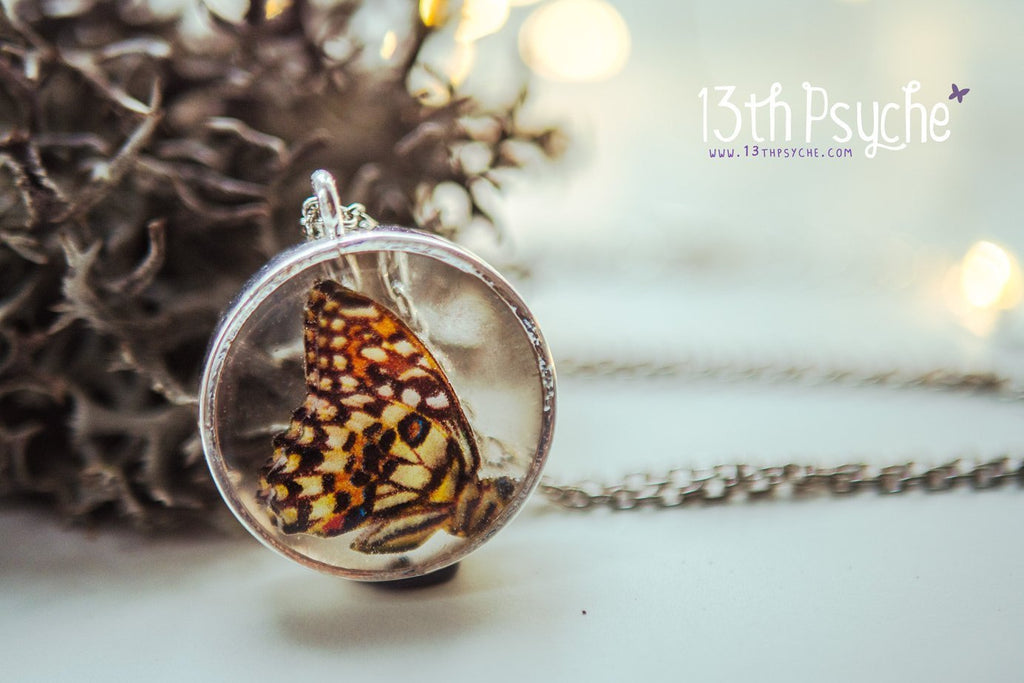 Handmade Lime butterfly resin pendant necklace - 13th Psyche