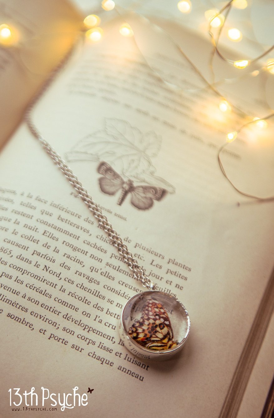 Handmade Lime butterfly resin pendant necklace - 13th Psyche