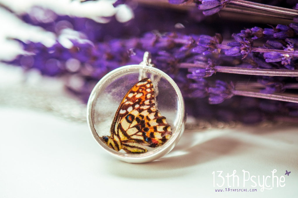 Handmade Lime butterfly resin pendant necklace - 13th Psyche