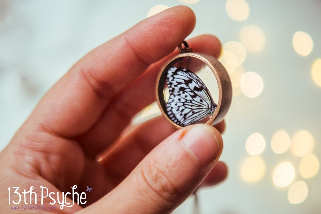 Handmade White paper kite butterfly resin necklace - 13th Psyche