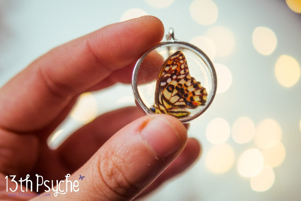 Handmade Lime butterfly resin pendant necklace - 13th Psyche