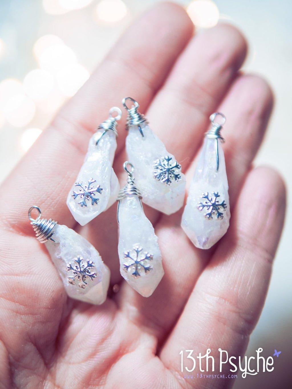 Handmade White raw stone earrings with silver snowflake - 13th Psyche