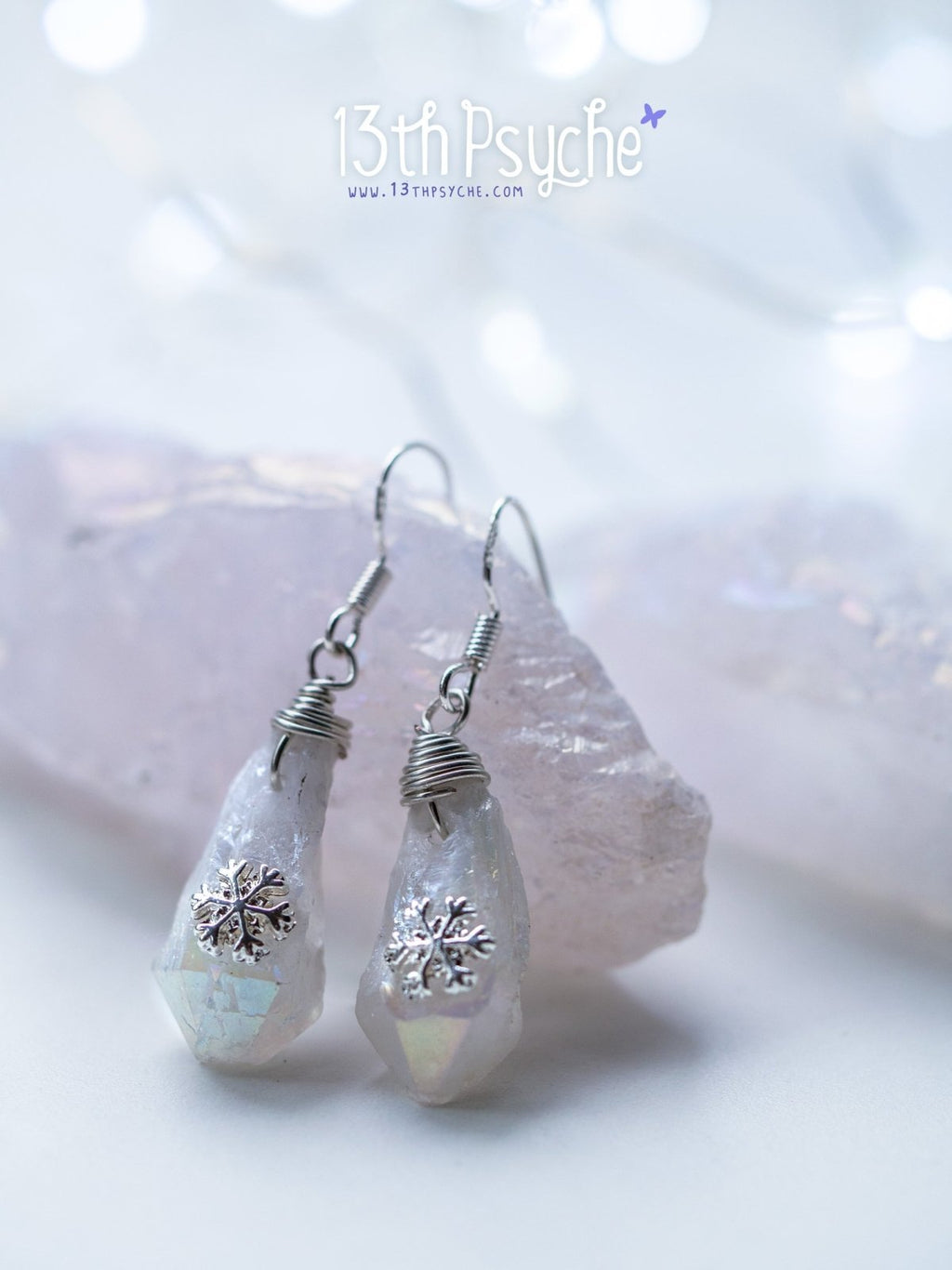 Handmade White raw stone earrings with silver snowflake - 13th Psyche