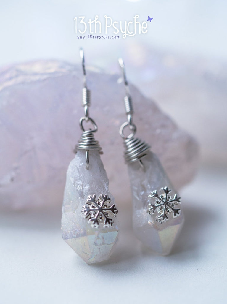 Handmade White raw stone earrings with silver snowflake - 13th Psyche