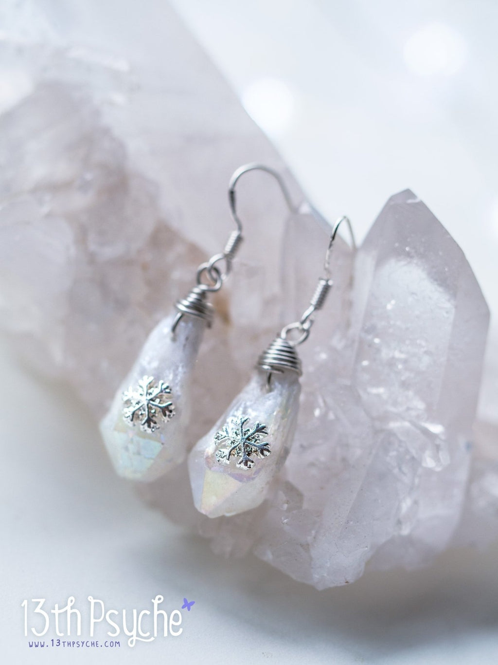Handmade White raw stone earrings with silver snowflake - 13th Psyche