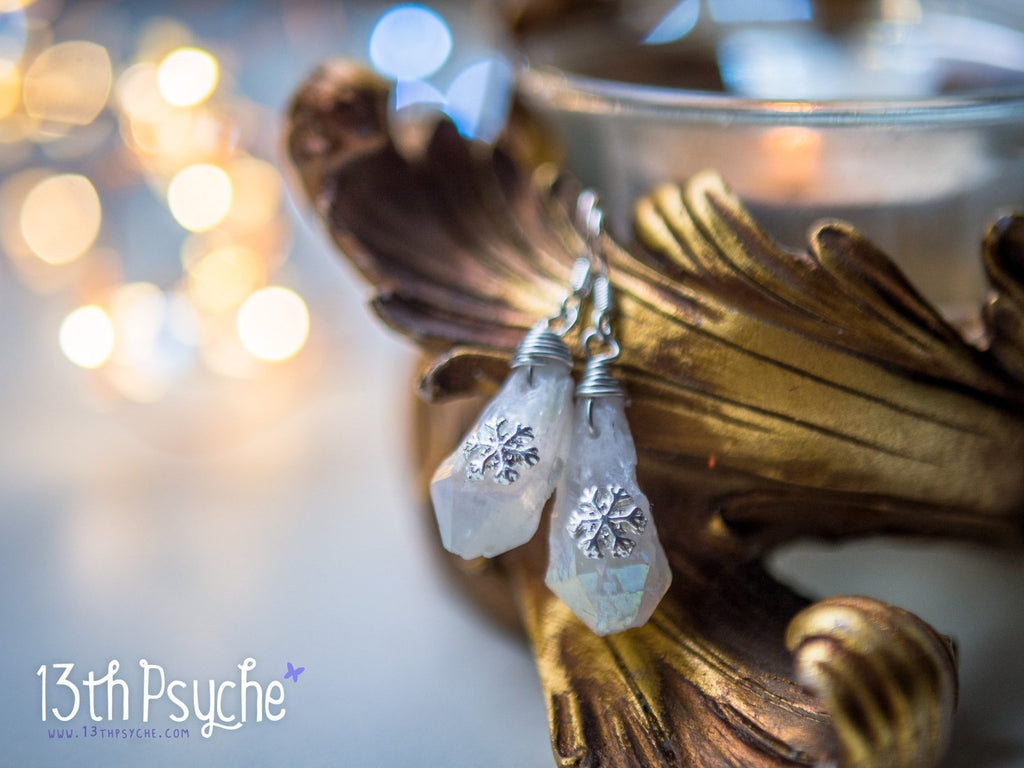 Handmade White raw stone earrings with silver snowflake - 13th Psyche