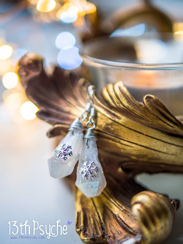 Handmade White raw stone earrings with silver snowflake - 13th Psyche