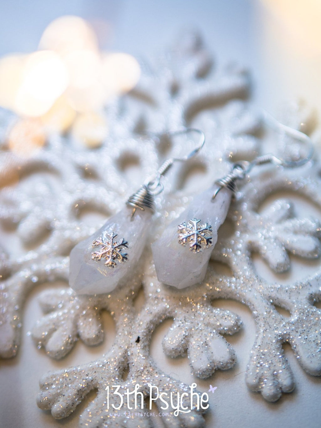Handmade White raw stone earrings with silver snowflake - 13th Psyche