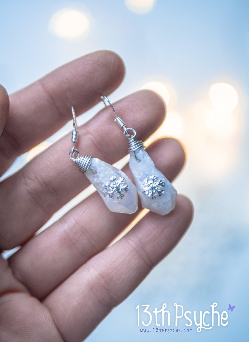 Handmade White raw stone earrings with silver snowflake - 13th Psyche