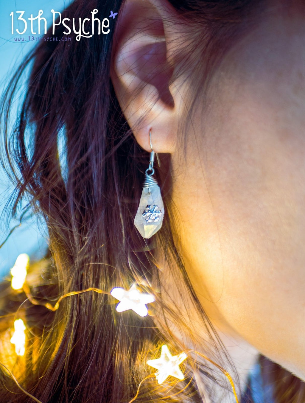 Handmade White raw stone earrings with silver snowflake - 13th Psyche