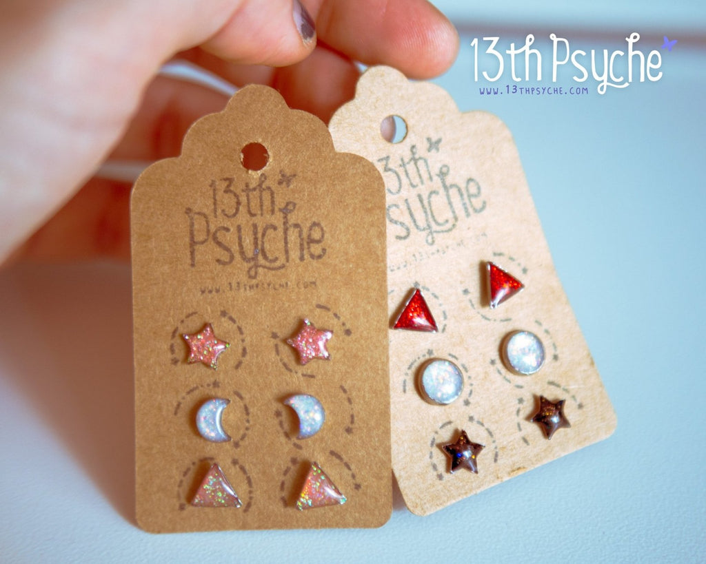 Handmade Stainless steel mini stud earrings, set of 3 - 13th Psyche