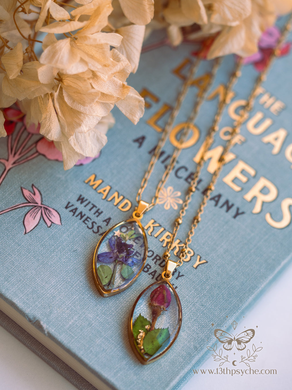 Handmade Blue pressed flower resin pendant necklace - 13th Psyche