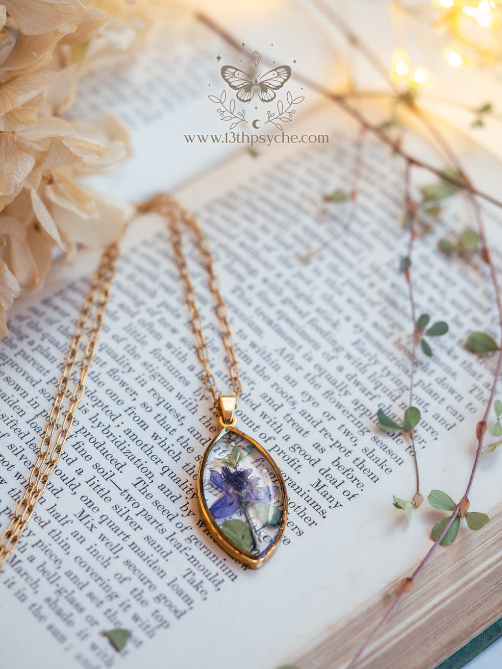 Handmade Blue pressed flower resin pendant necklace - 13th Psyche