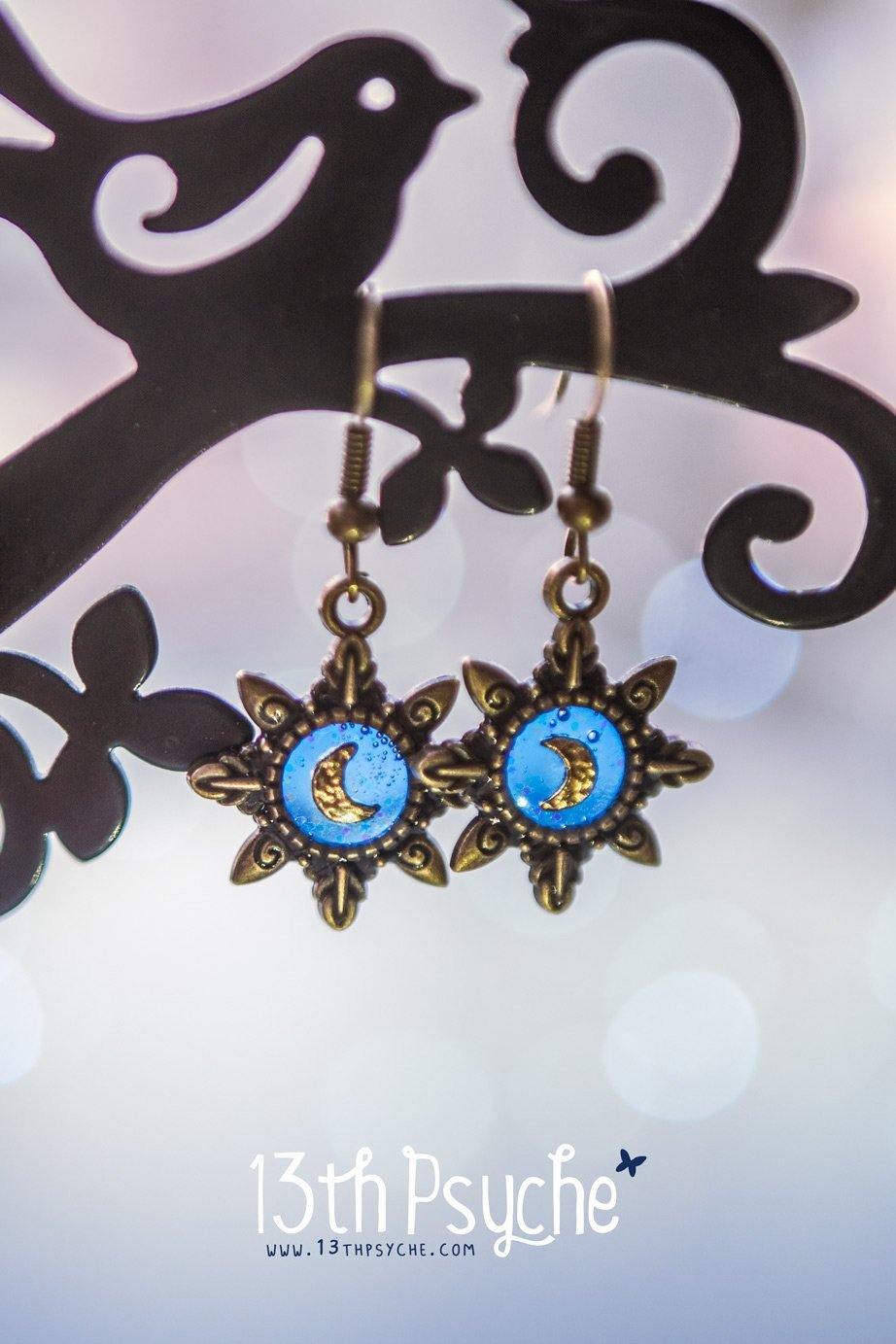Handmade Blue star gold moon resin dangle earrings - 13th Psyche