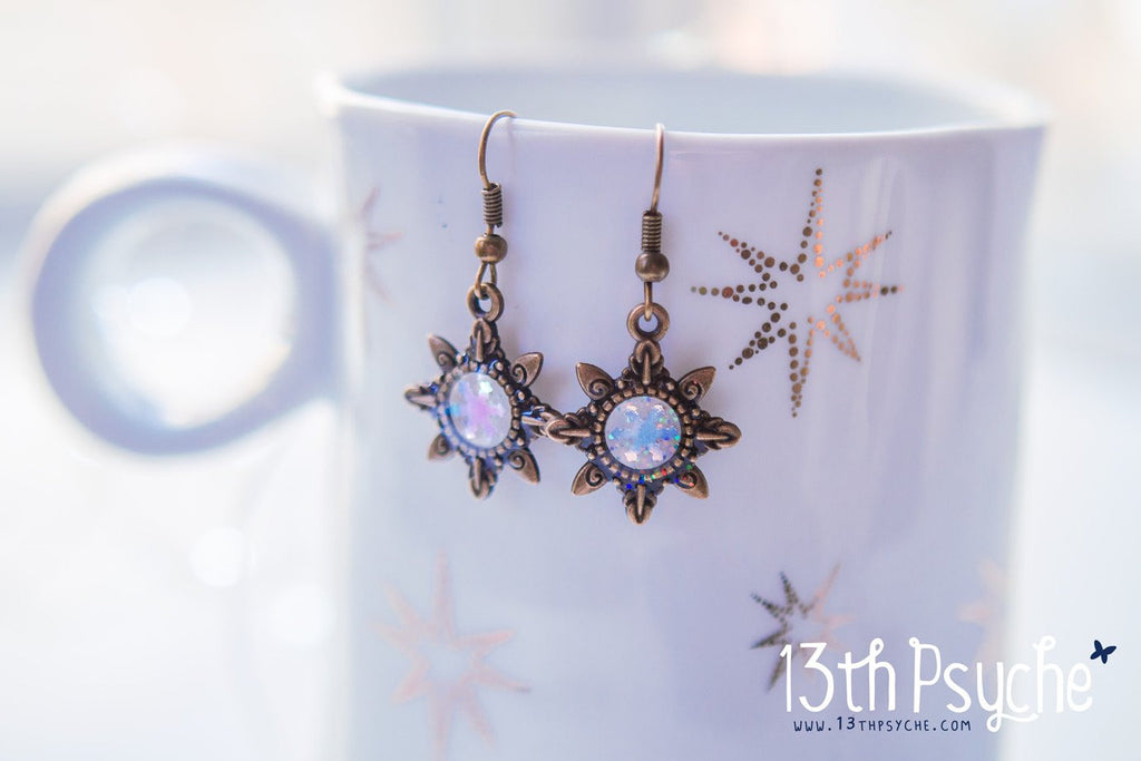 Handmade Winter inspired, snowflake dangle drop earrings - 13th Psyche