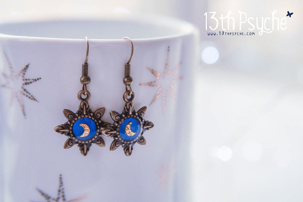Handmade Blue star gold moon resin dangle earrings - 13th Psyche