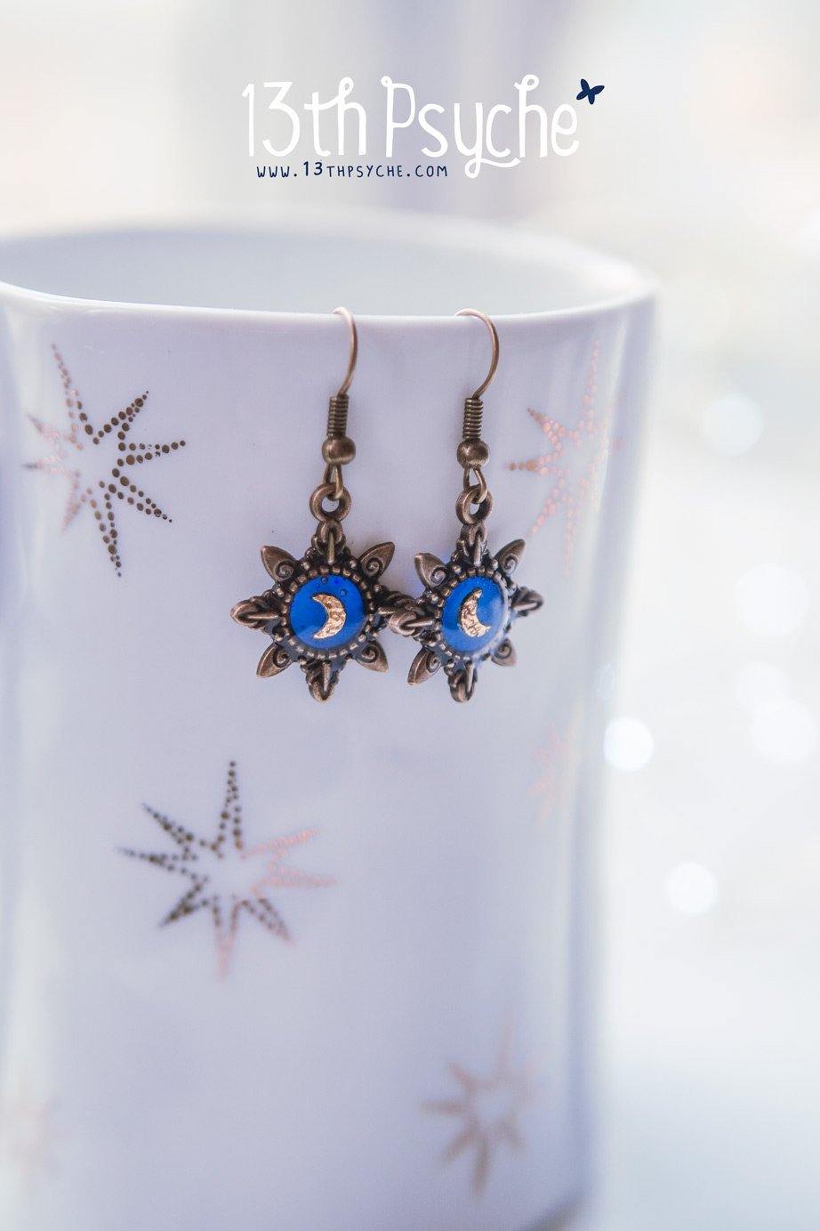 Handmade Blue star gold moon resin dangle earrings - 13th Psyche