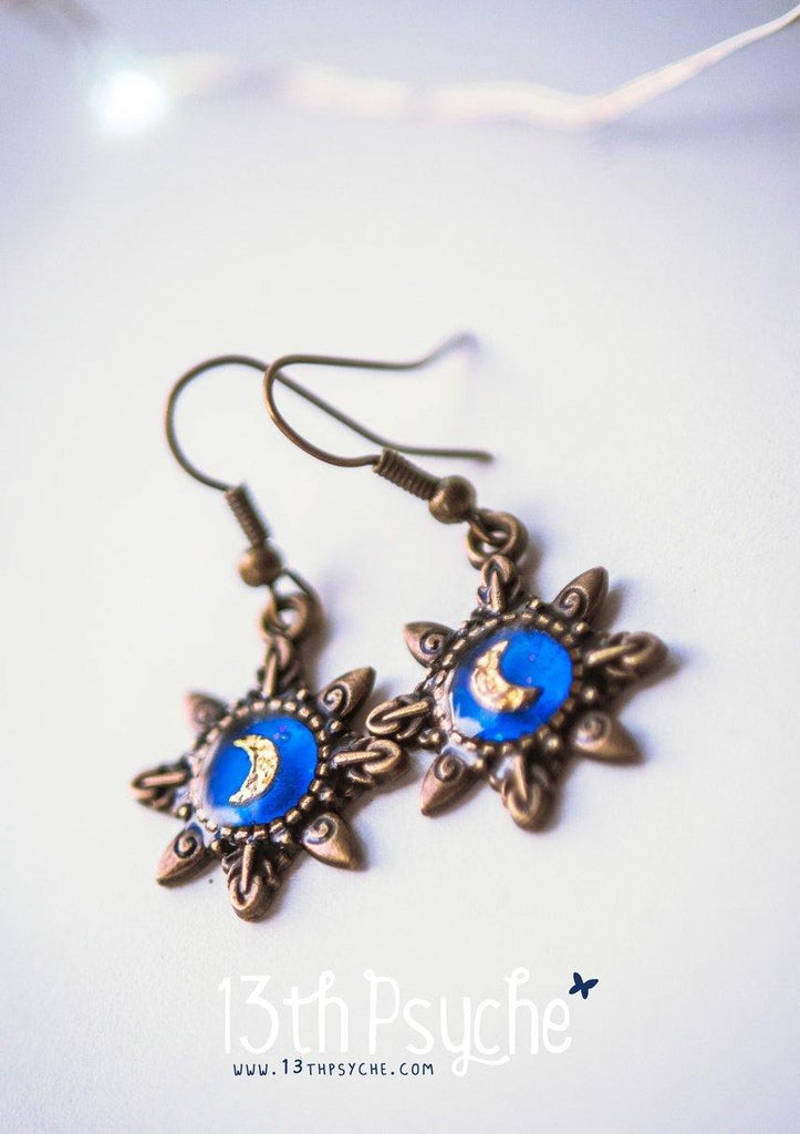 Handmade Blue star gold moon resin dangle earrings - 13th Psyche