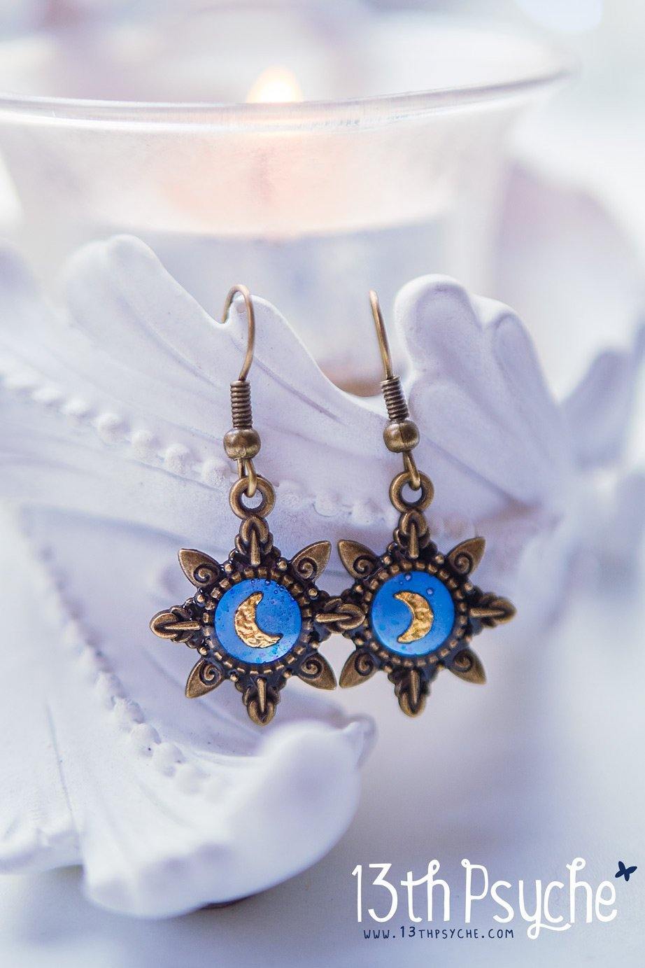 Handmade Blue star gold moon resin dangle earrings - 13th Psyche