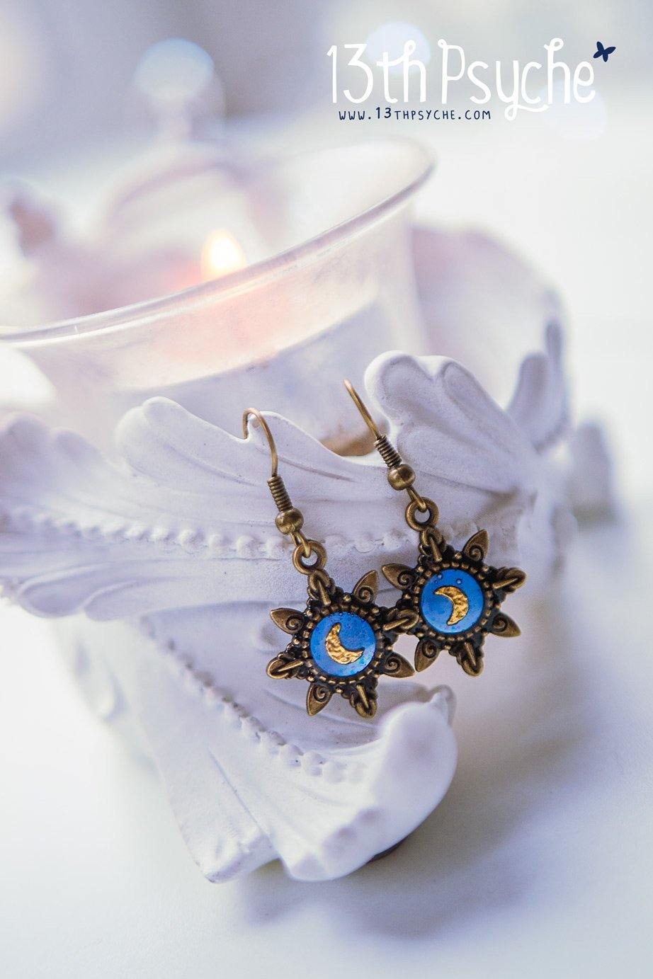 Handmade Blue star gold moon resin dangle earrings - 13th Psyche