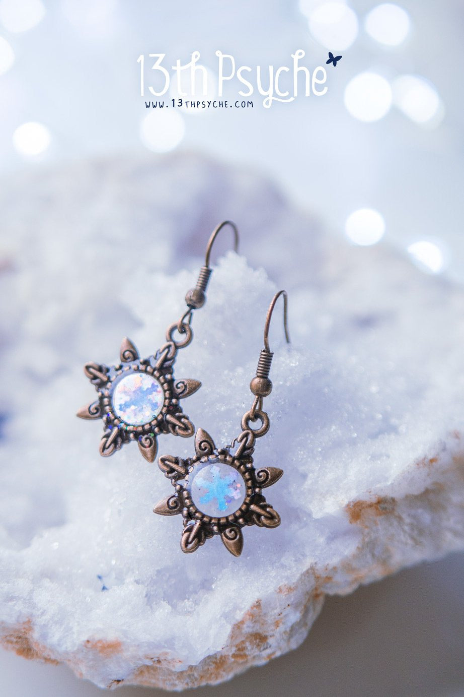 Handmade Winter inspired, snowflake dangle drop earrings - 13th Psyche
