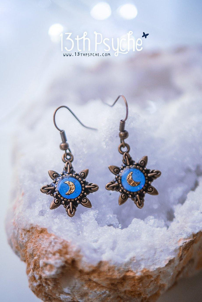 Handmade Blue star gold moon resin dangle earrings - 13th Psyche
