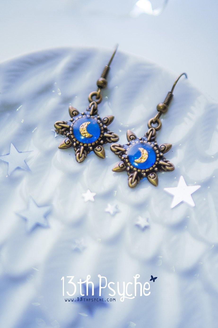 Handmade Blue star gold moon resin dangle earrings - 13th Psyche
