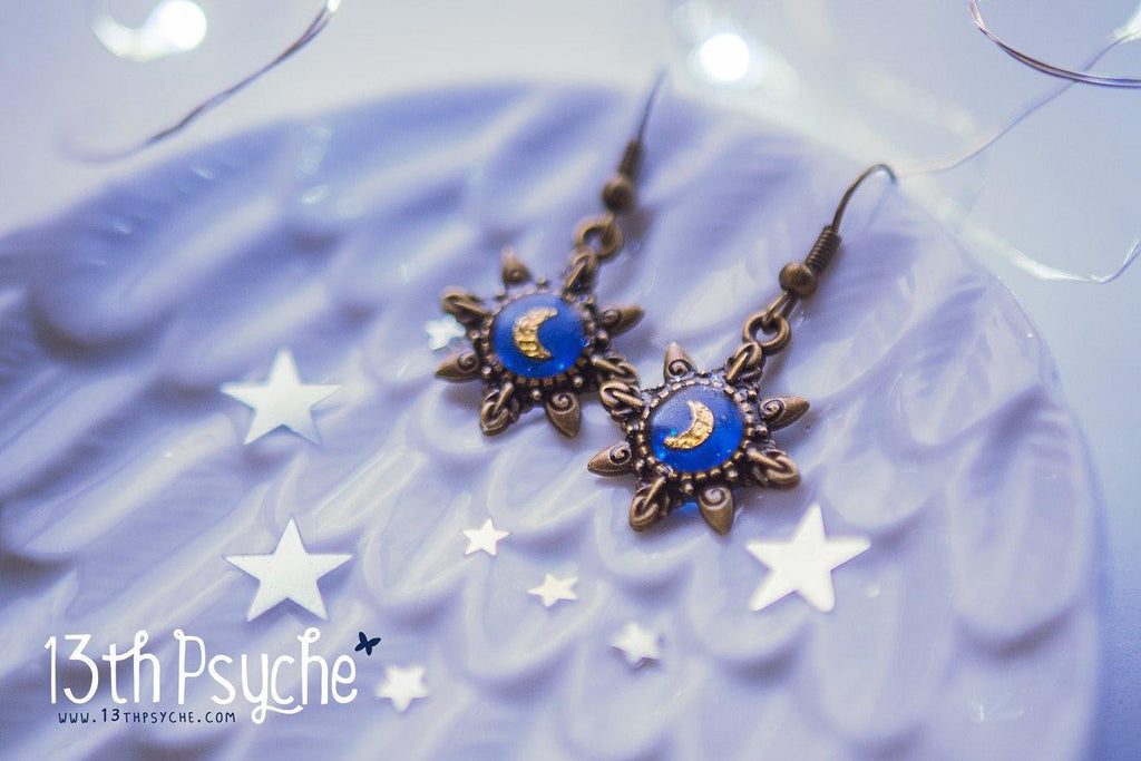 Handmade Blue star gold moon resin dangle earrings - 13th Psyche