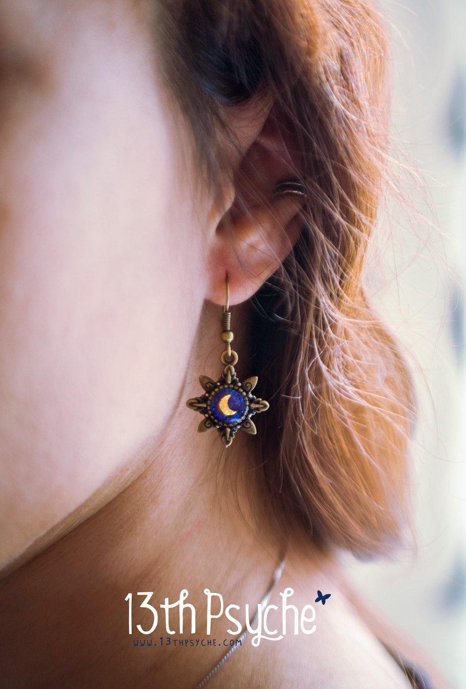 Handmade Blue star gold moon resin dangle earrings - 13th Psyche
