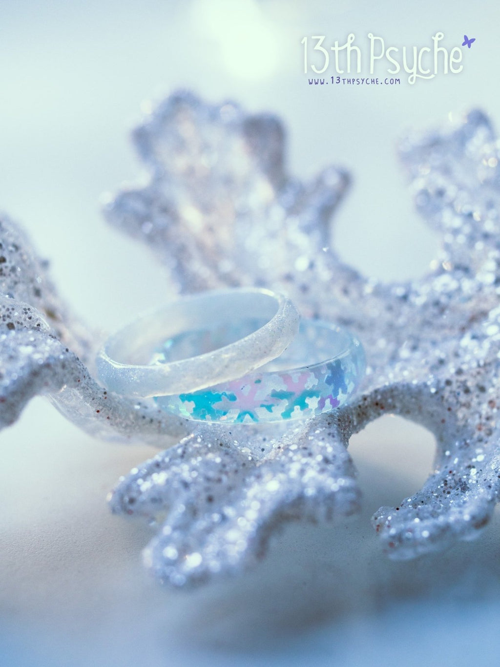 Handmade Winter inspired snowflake and white glitter resin ring set of two - 13th Psyche