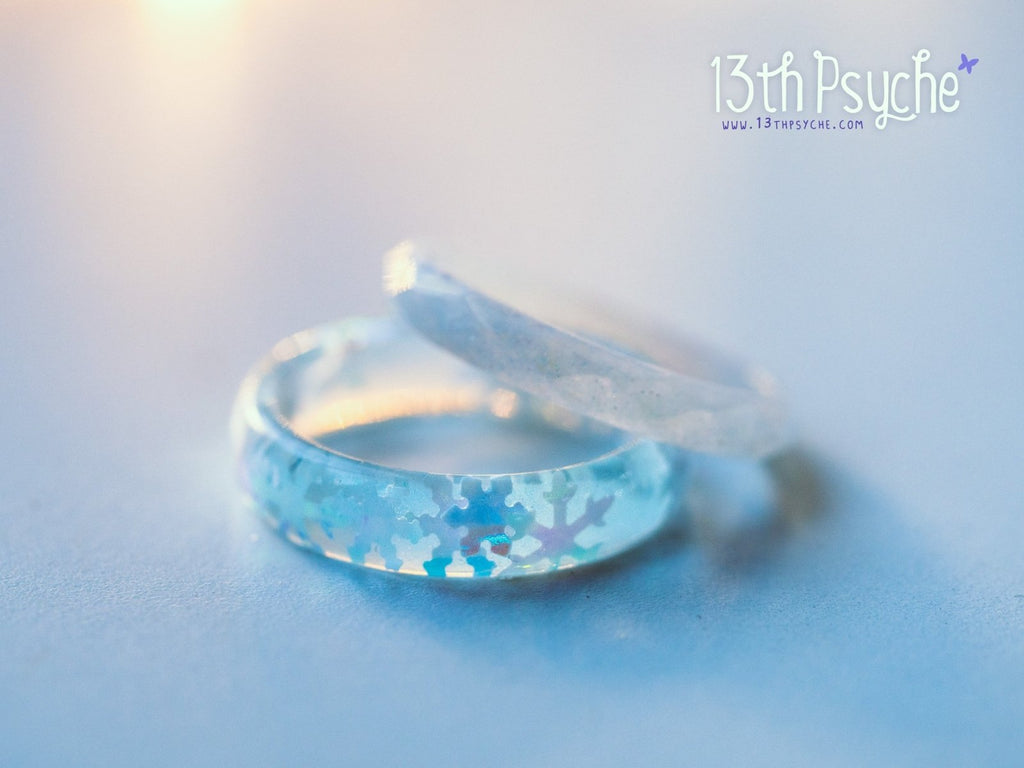 Handmade Winter inspired snowflake and white glitter resin ring set of two - 13th Psyche