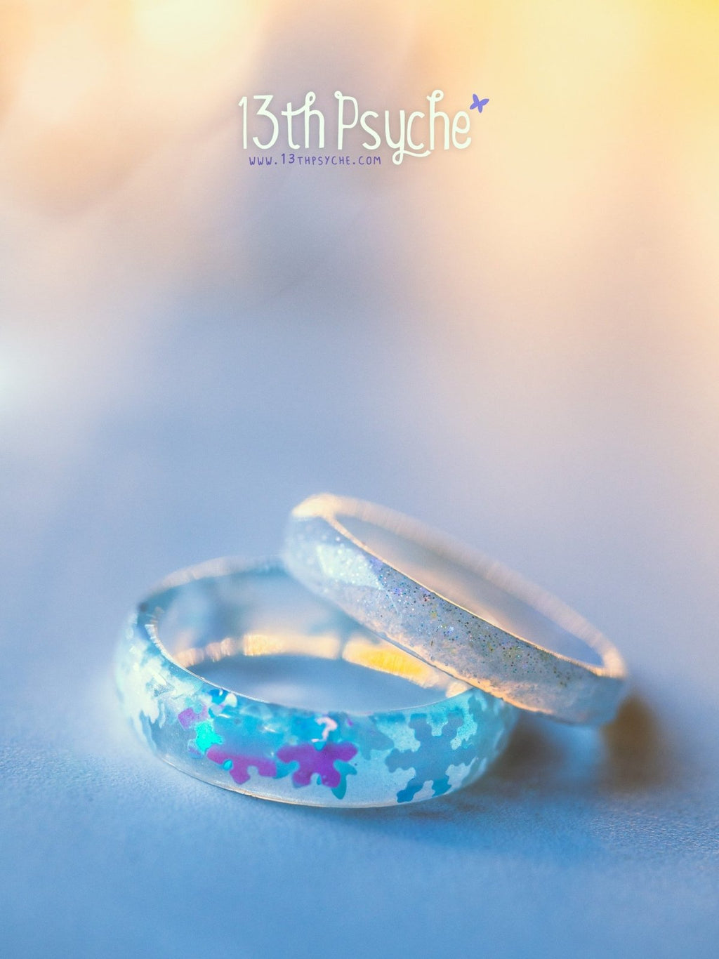 Handmade Winter inspired snowflake and white glitter resin ring set of two - 13th Psyche