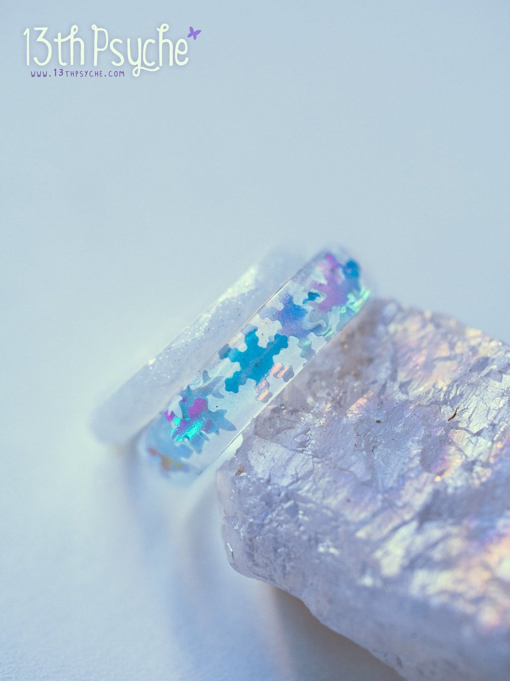 Handmade Winter inspired snowflake and white glitter resin ring set of two - 13th Psyche