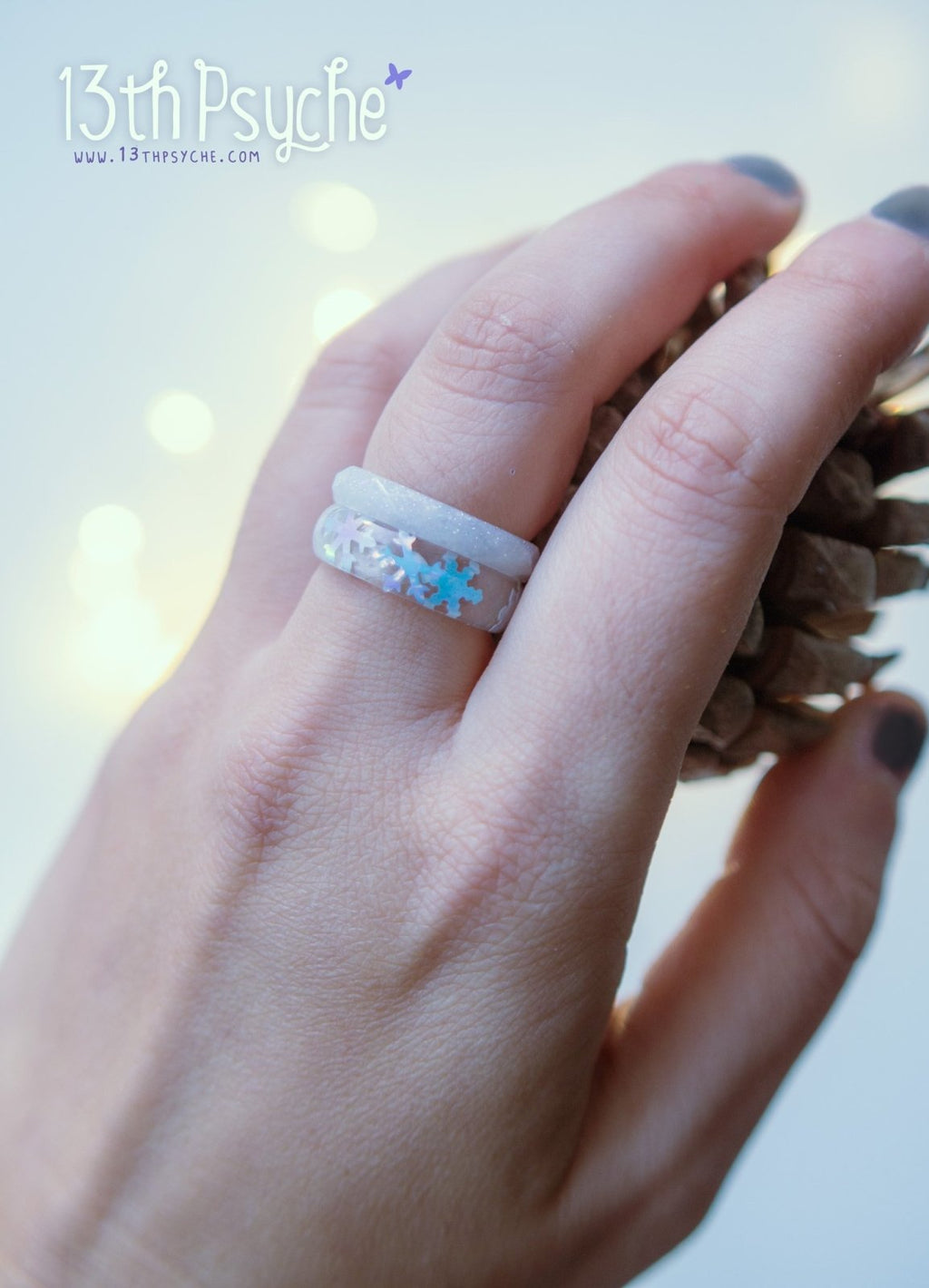Handmade Winter inspired snowflake and white glitter resin ring set of two - 13th Psyche