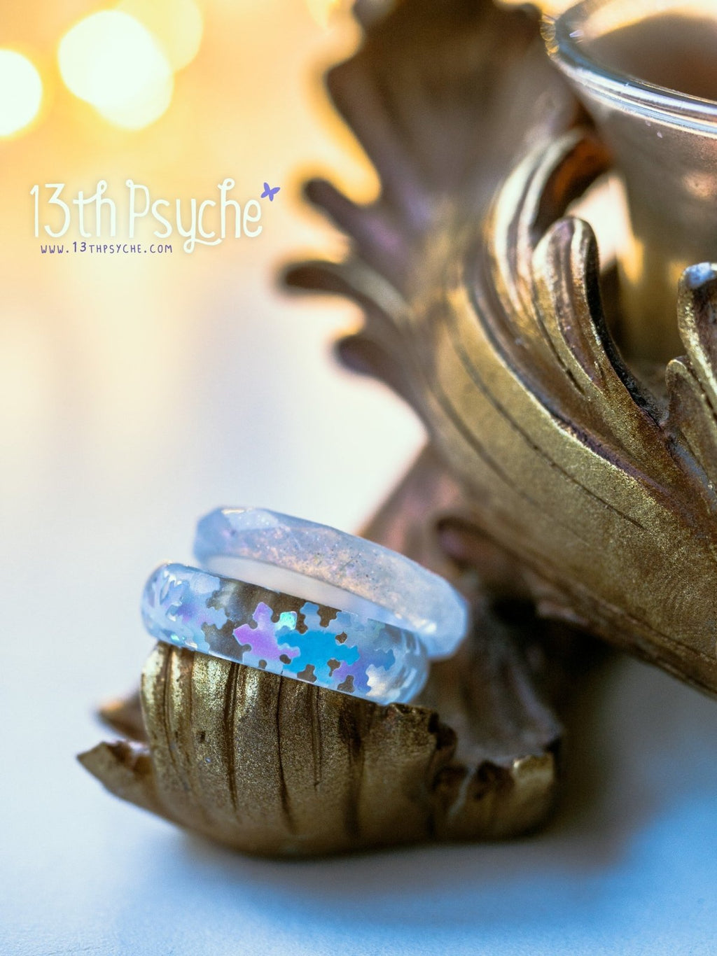 Handmade Winter inspired snowflake and white glitter resin ring set of two - 13th Psyche