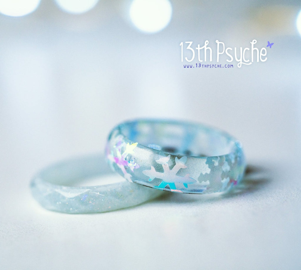 Handmade Winter inspired snowflake and white glitter resin ring set of two - 13th Psyche