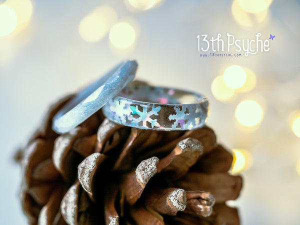Handmade Winter inspired snowflake and white glitter resin ring set of two - 13th Psyche