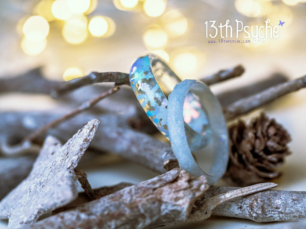 Handmade Winter inspired snowflake and white glitter resin ring set of two - 13th Psyche