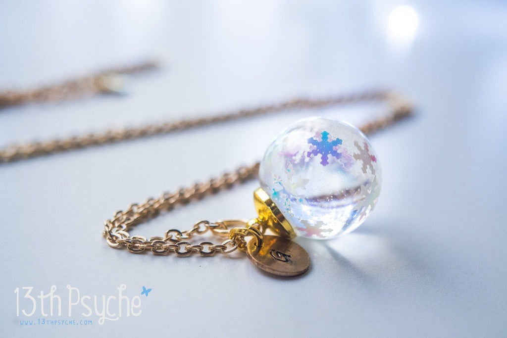Handmade Winter inspired snowflake resin ball necklace - 13th Psyche