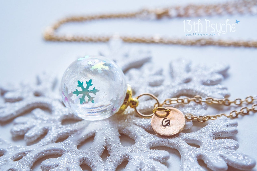 Handmade Winter inspired snowflake resin ball necklace - 13th Psyche