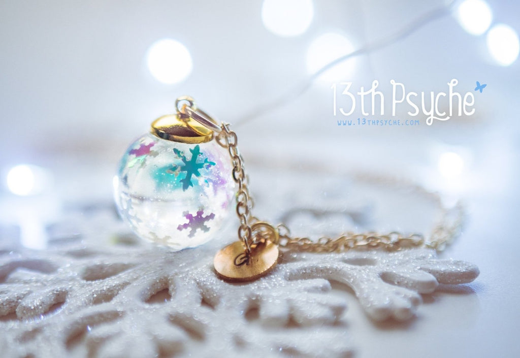 Handmade Winter inspired snowflake resin ball necklace - 13th Psyche