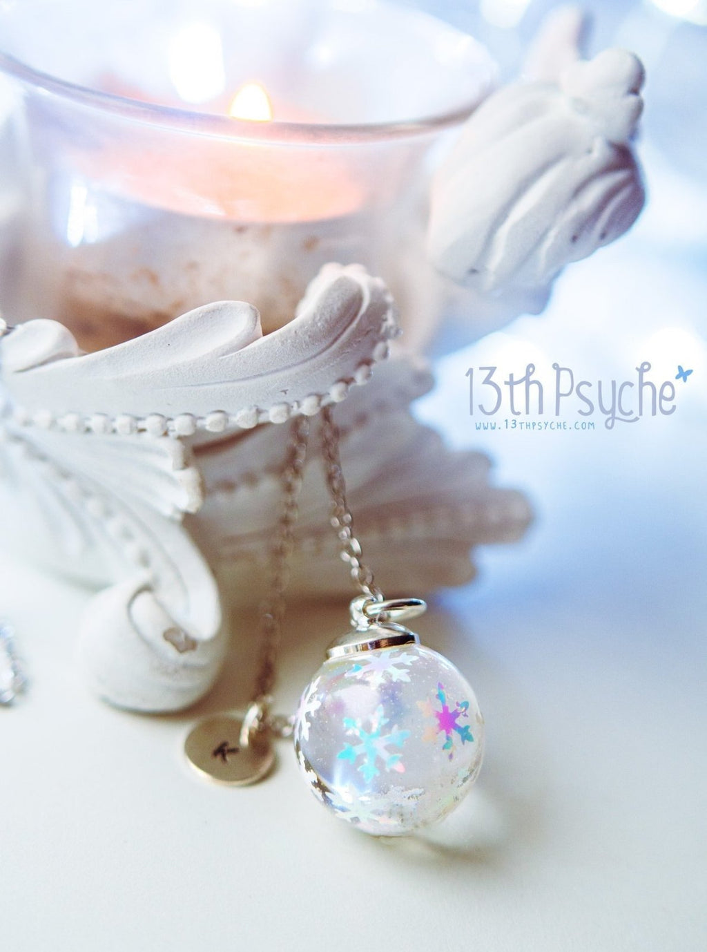Handmade Winter inspired snowflake resin ball necklace - 13th Psyche