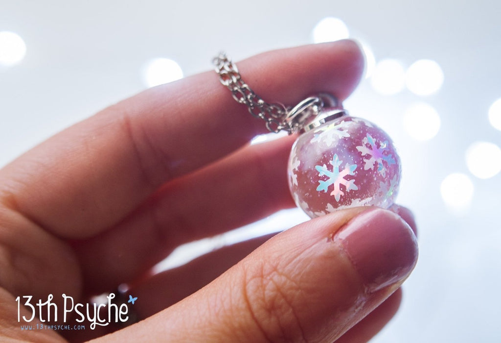 Handmade Winter inspired snowflake resin ball necklace - 13th Psyche