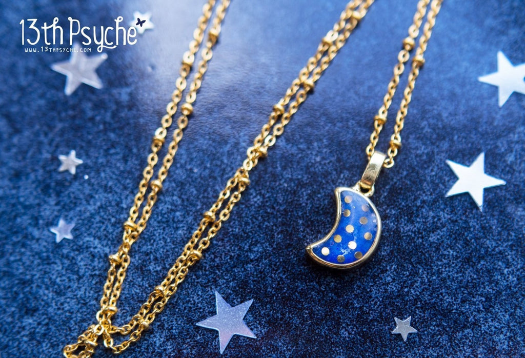 Handmade Polka dot crescent blue moon necklace - 13th Psyche