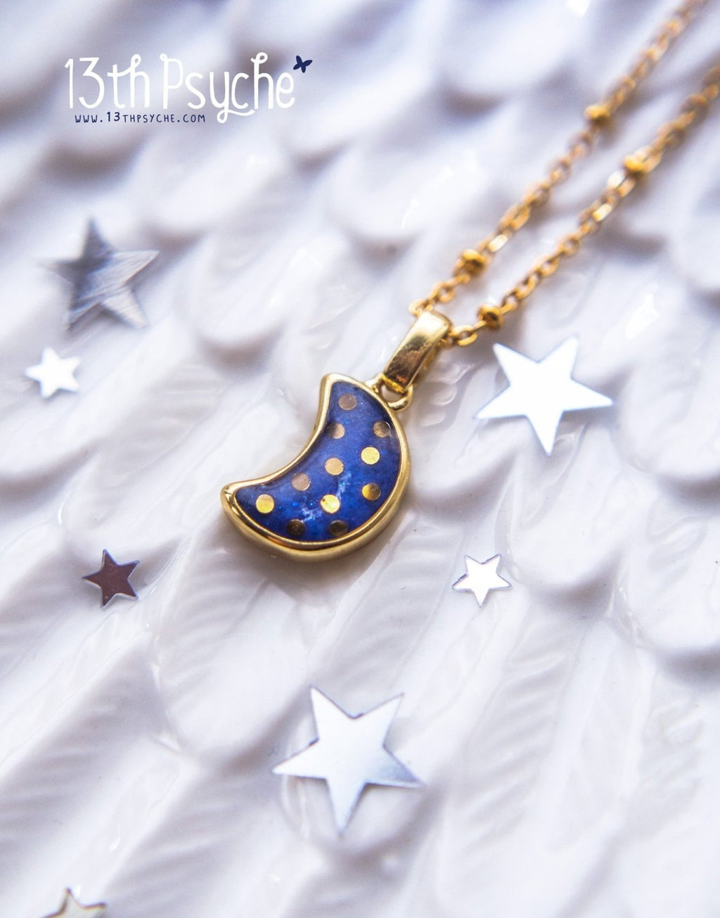 Handmade Polka dot crescent blue moon necklace - 13th Psyche