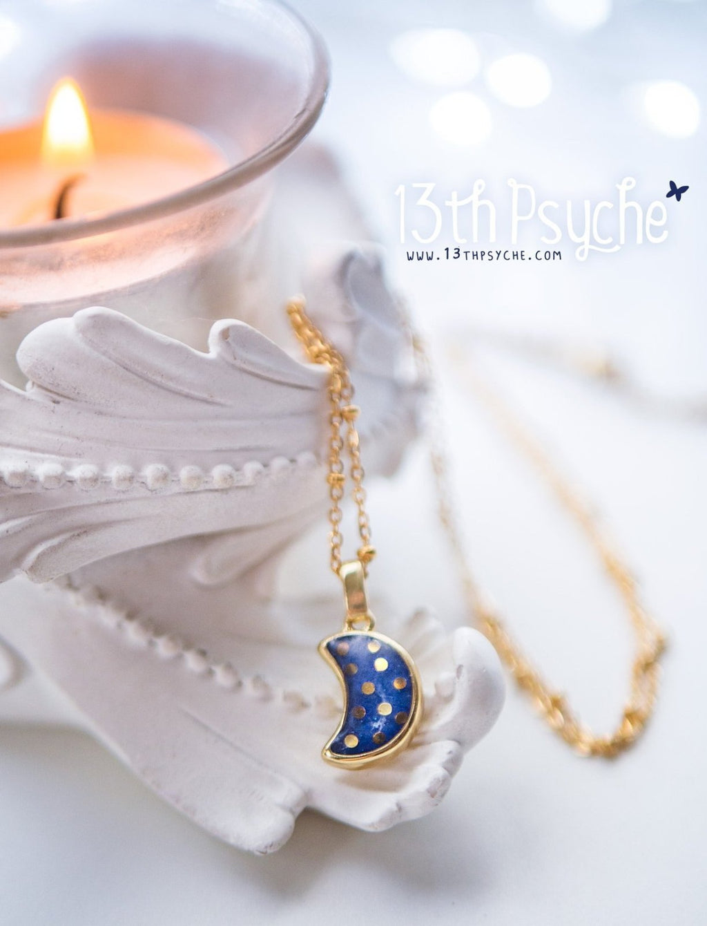 Handmade Polka dot crescent blue moon necklace - 13th Psyche