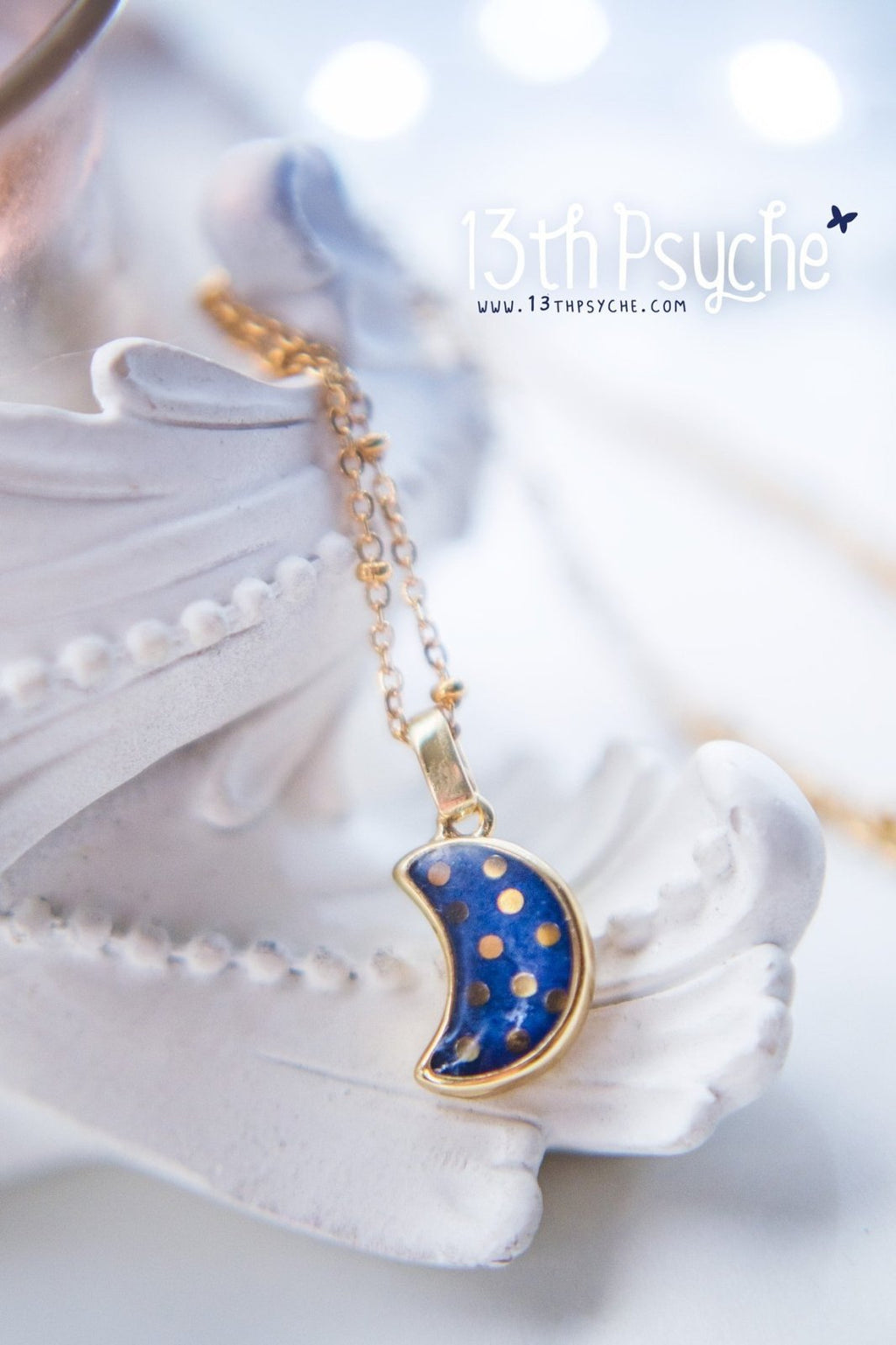 Handmade Polka dot crescent blue moon necklace - 13th Psyche