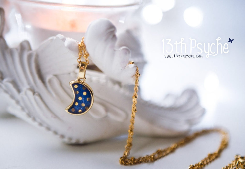 Handmade Polka dot crescent blue moon necklace - 13th Psyche