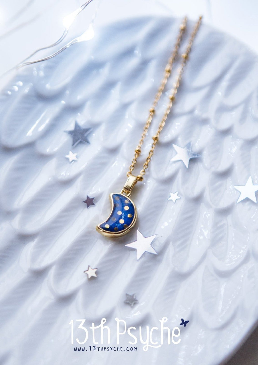 Handmade Polka dot crescent blue moon necklace - 13th Psyche