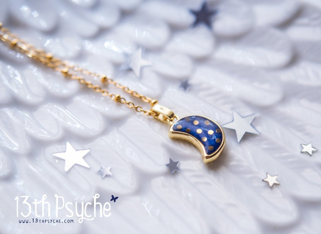 Handmade Polka dot crescent blue moon necklace - 13th Psyche